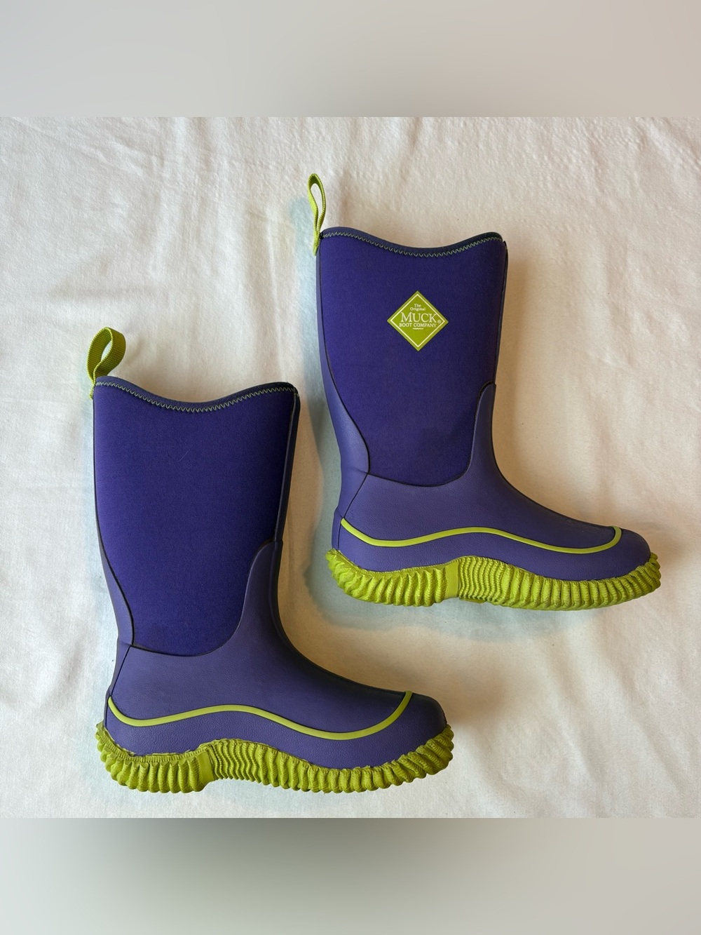 Muck Boot Kids’ Hale Rain Boots 100% Waterproof- Purple and Neon Green size 13